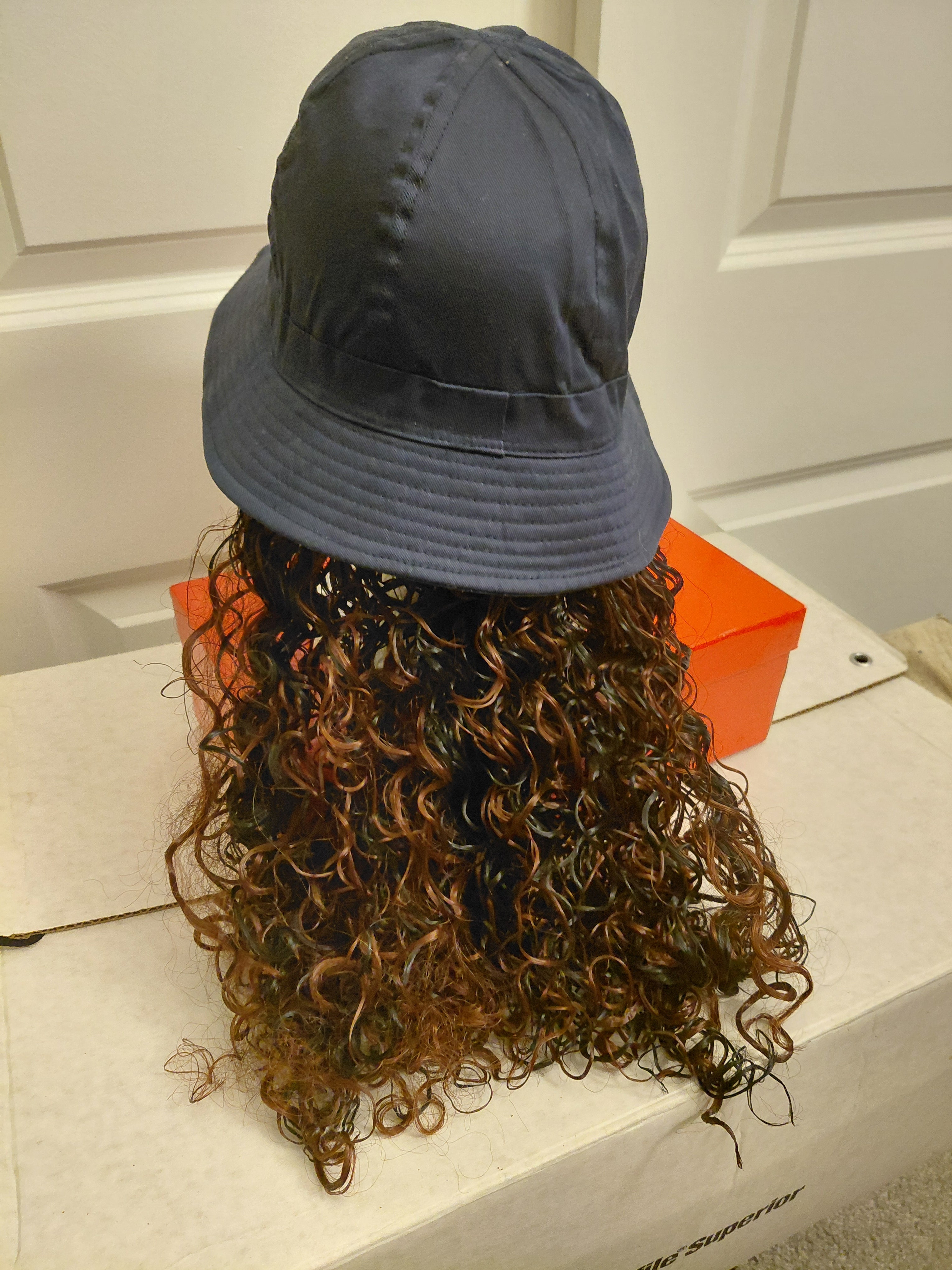 Blue Cotton hat with curly Hair