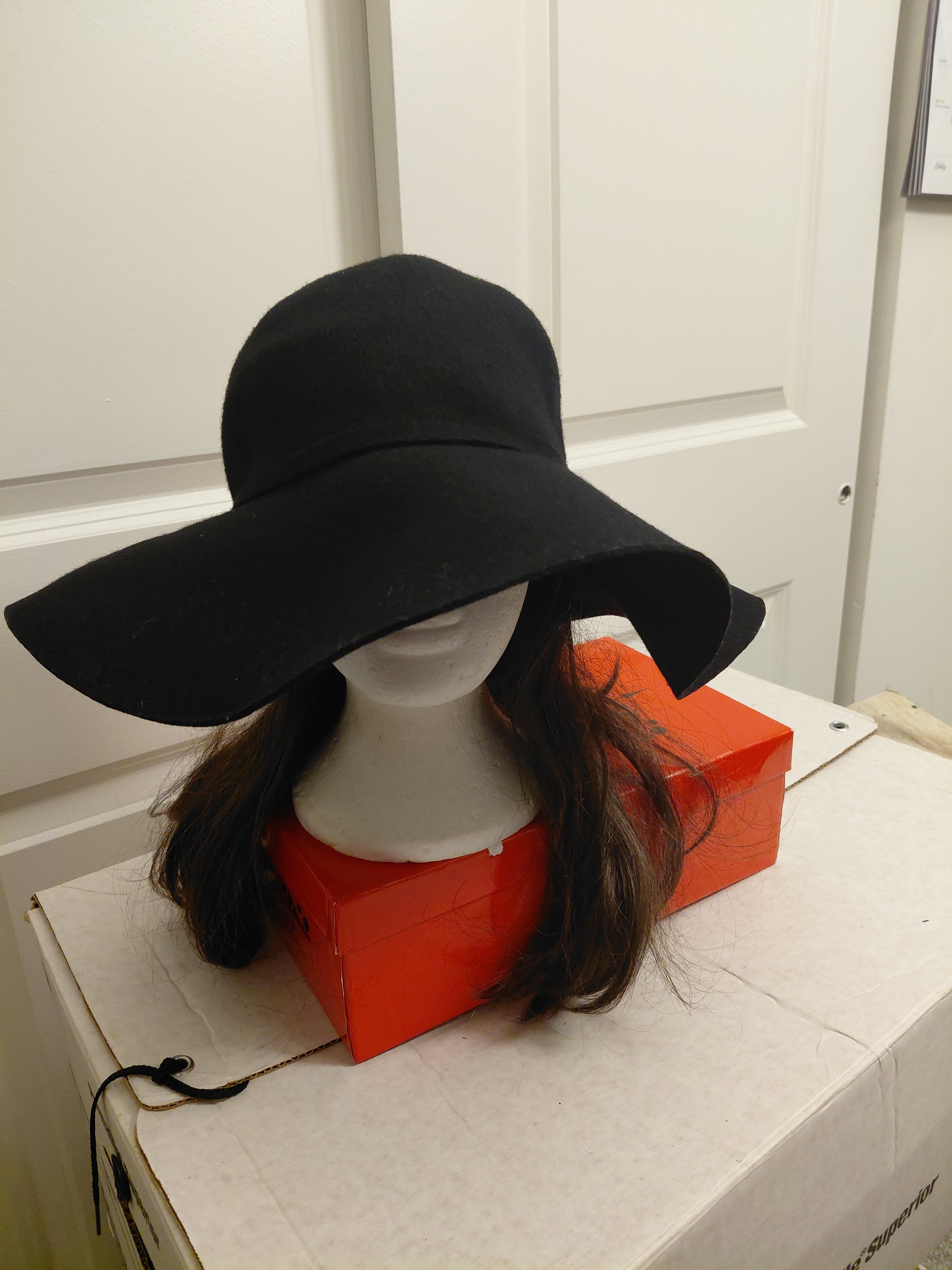 Black Wide brim Floppy Hat with Hair