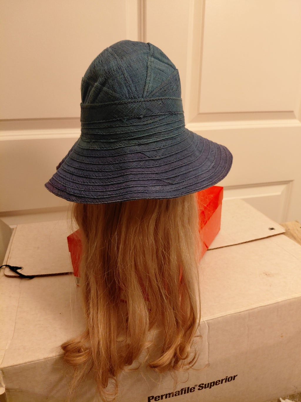 Blue Cnvas hat with Blonde hair