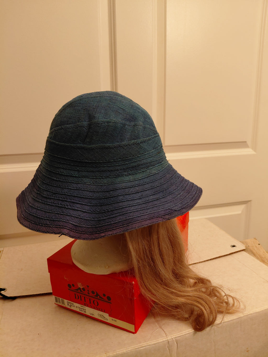 Blue Cnvas hat with Blonde hair