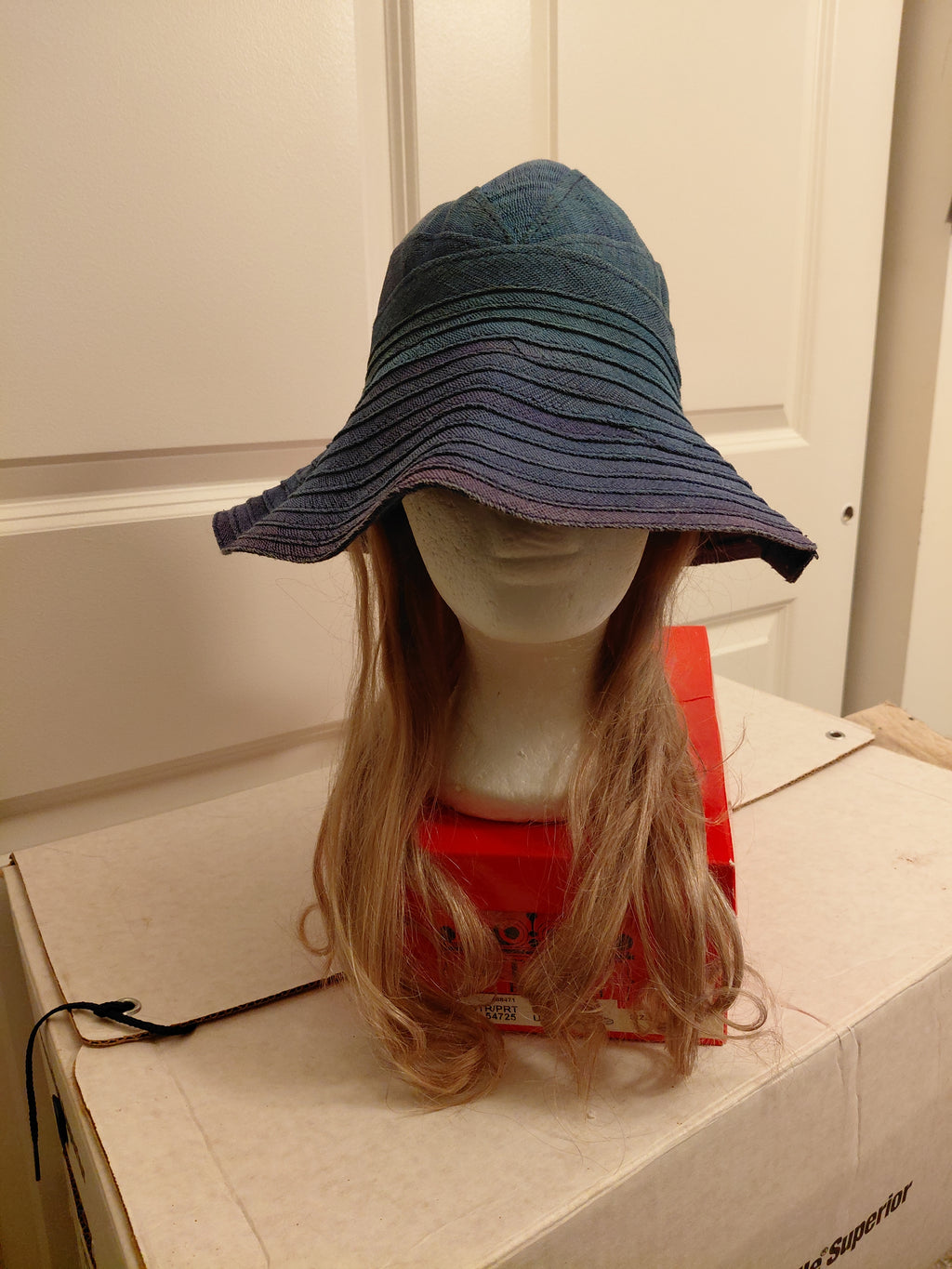 Blue Cnvas hat with Blonde hair