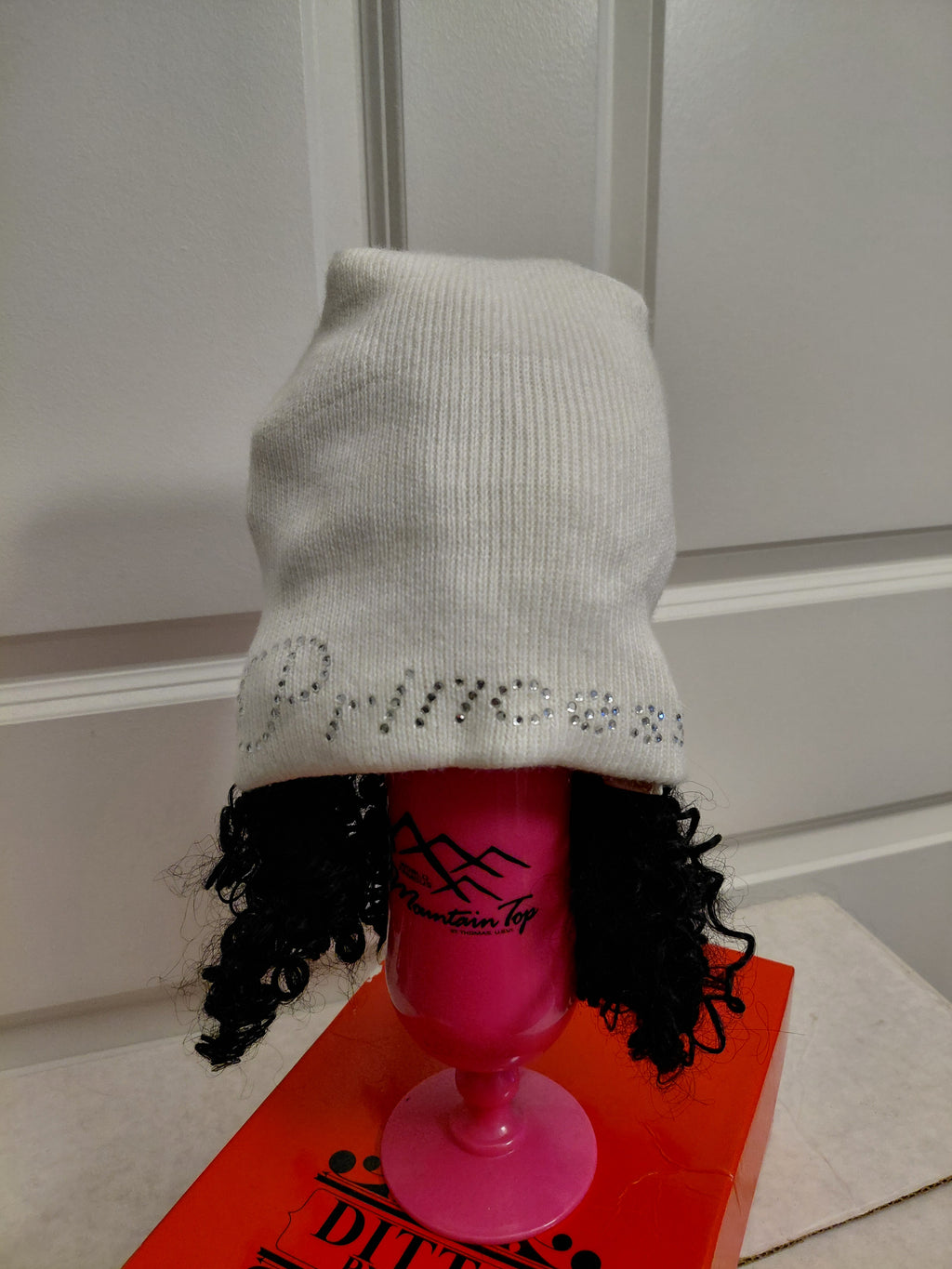 Princess white Beannie with synthetic curly hair