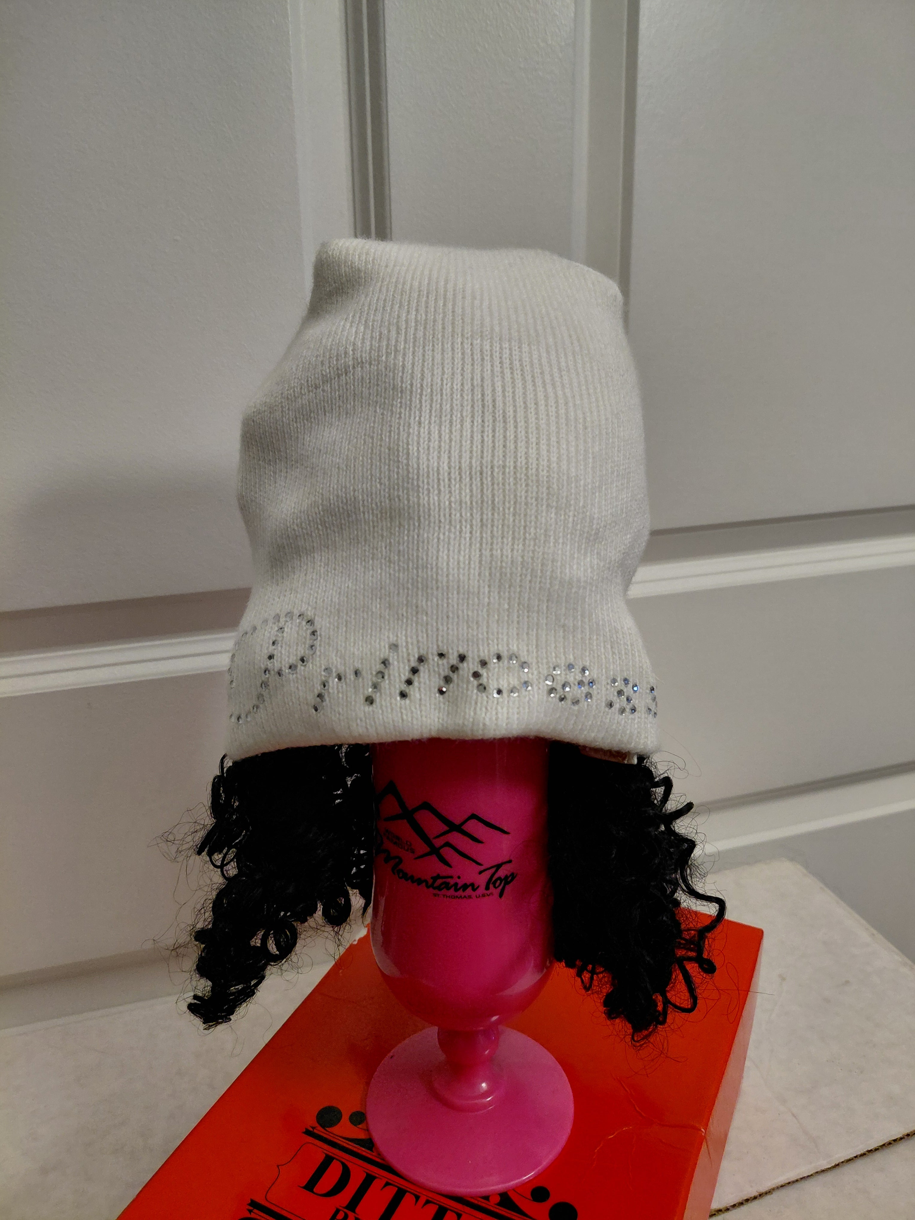 Princess white Beannie with synthetic curly hair